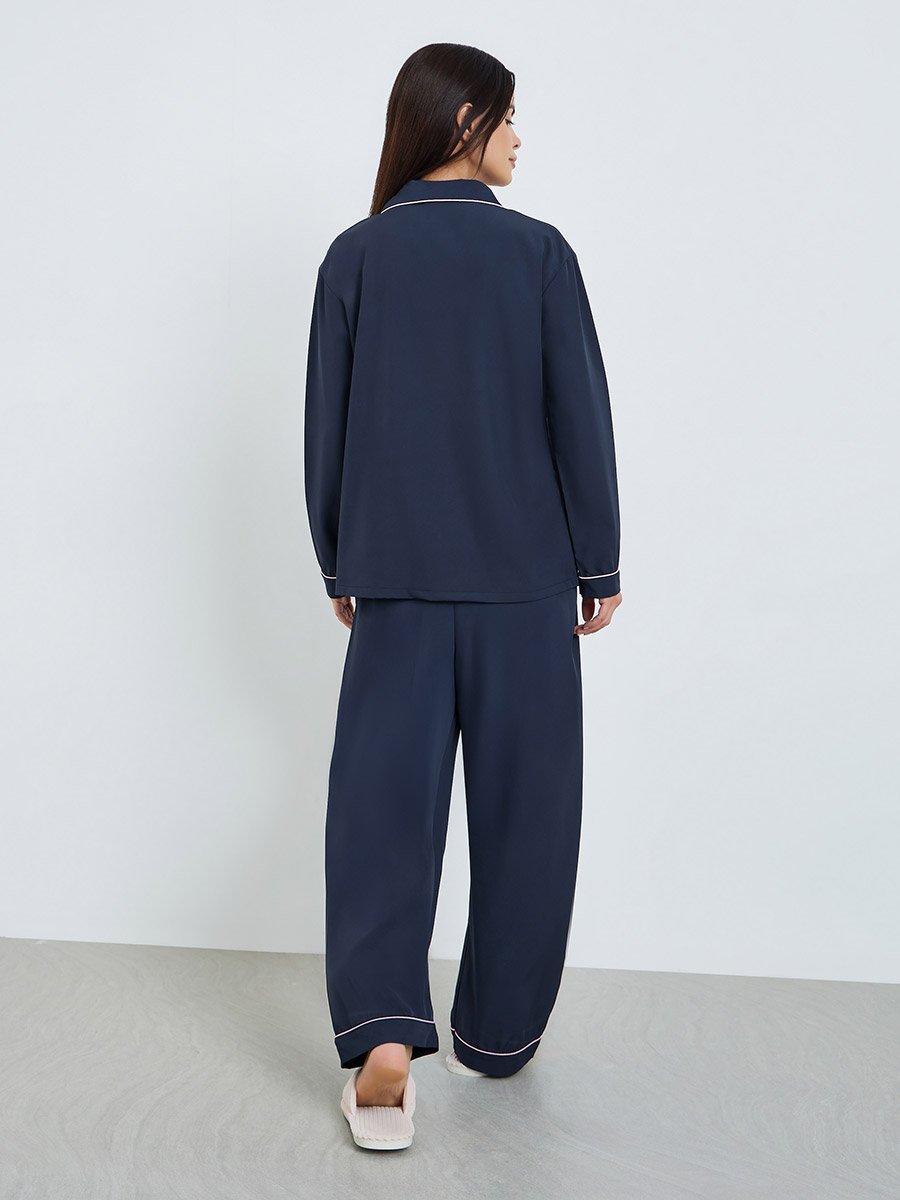 Women Navy Blue Long Sleeve Shirt and Pyjama Set