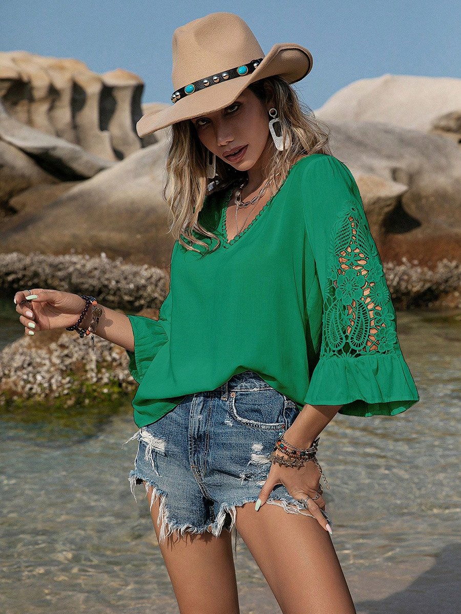 Women Green Embroidery V-Neck Top