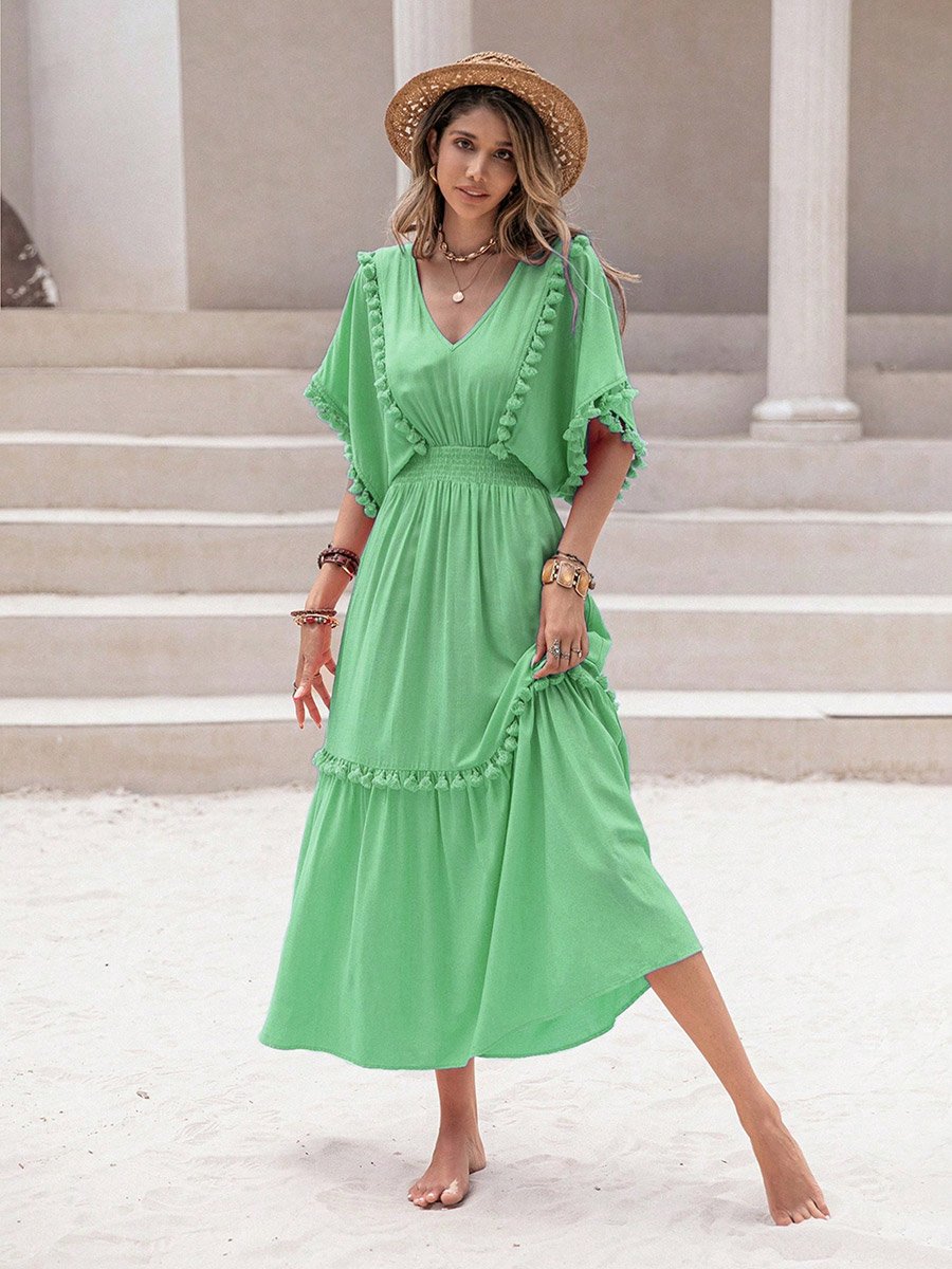 Women Green Tassel Detail Flutter Sleeve Midi Dress