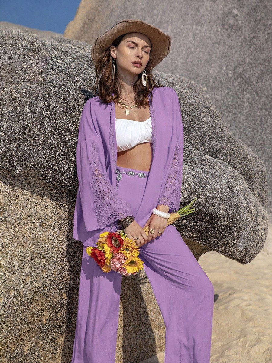 Women Lace Insert Kimono and Pants Co-Ords