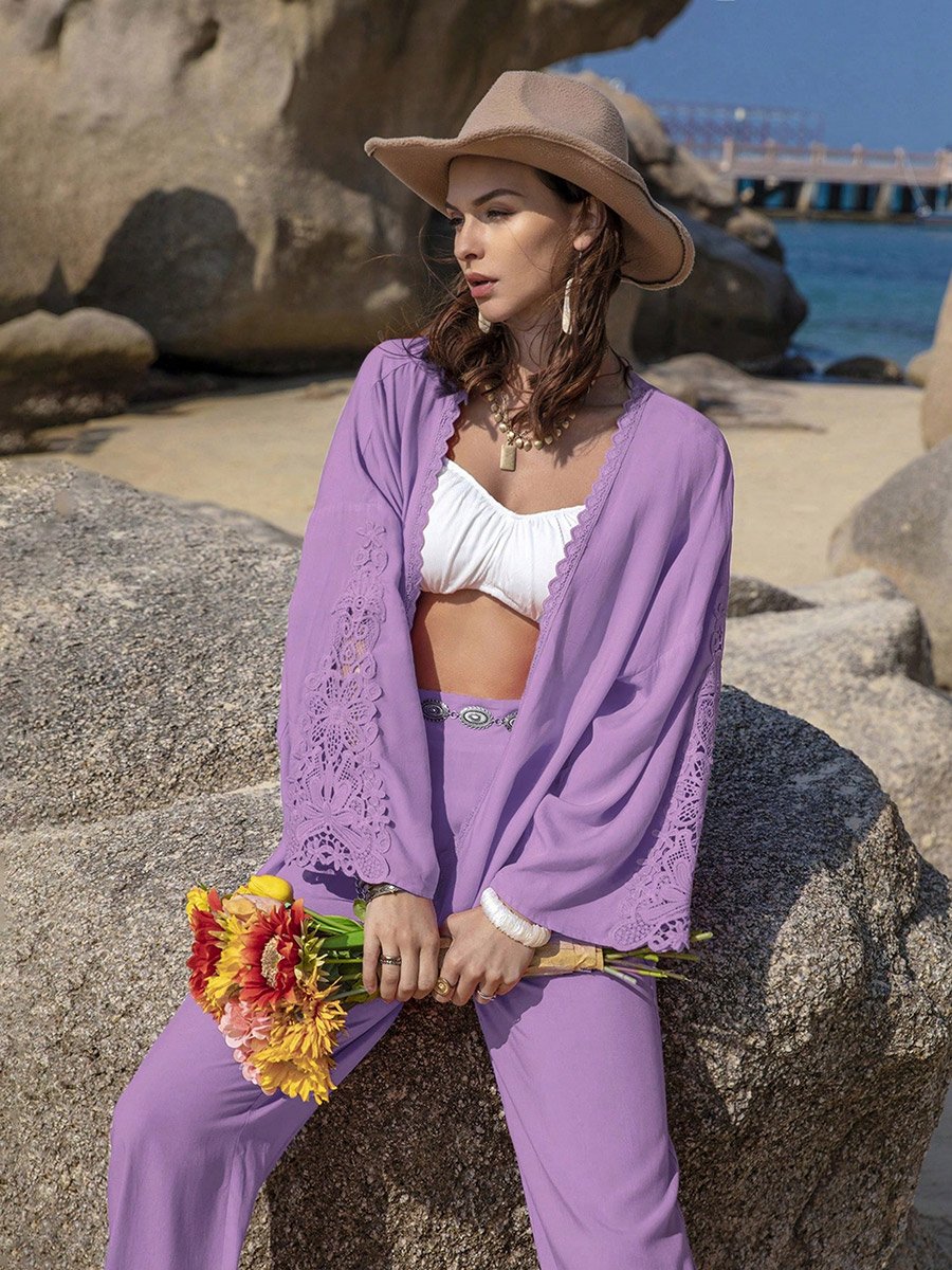 Women Lace Insert Kimono and Pants Co-Ords