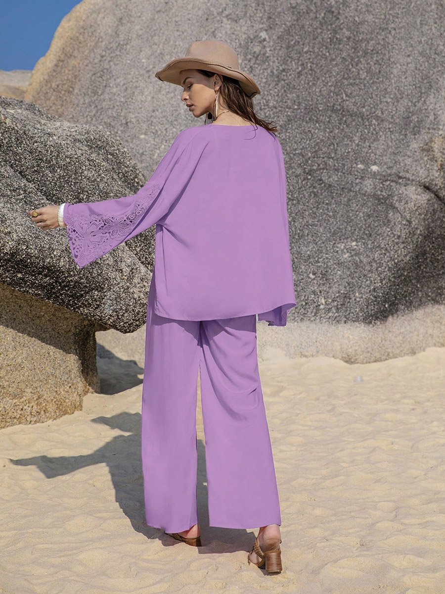 Women Lace Insert Kimono and Pants Co-Ords