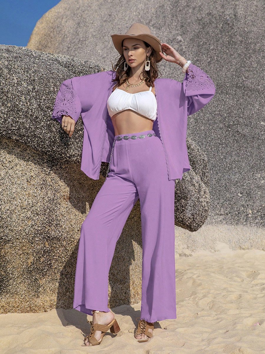 Women Lace Insert Kimono and Pants Co-Ords
