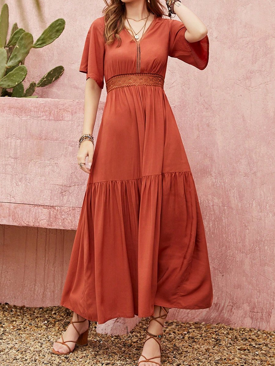 Women Rust Fitted Waist Short Sleeve Maxi Dress