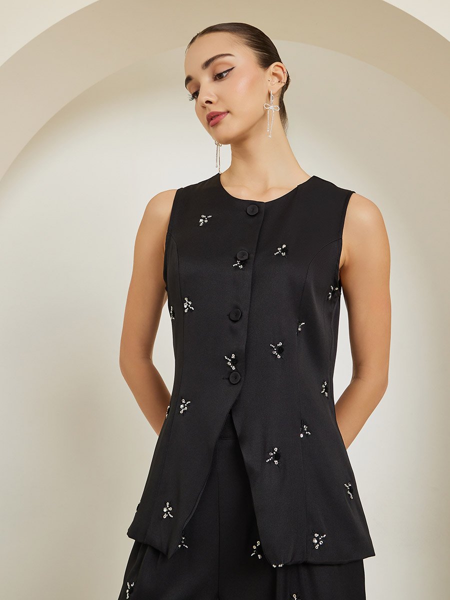 Black Embellished Sleeveless Waistcoat