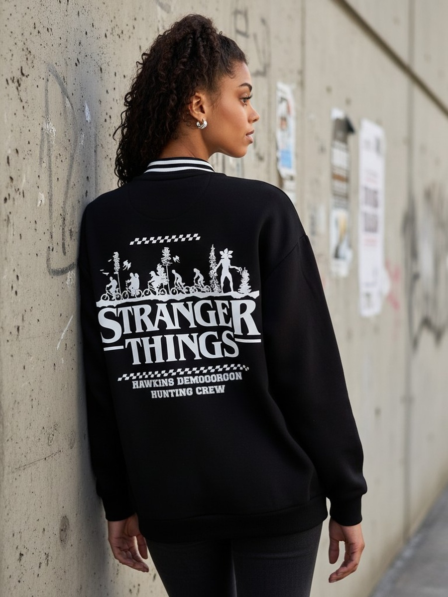 Stranger Things Print Oversized Bomber Jacket