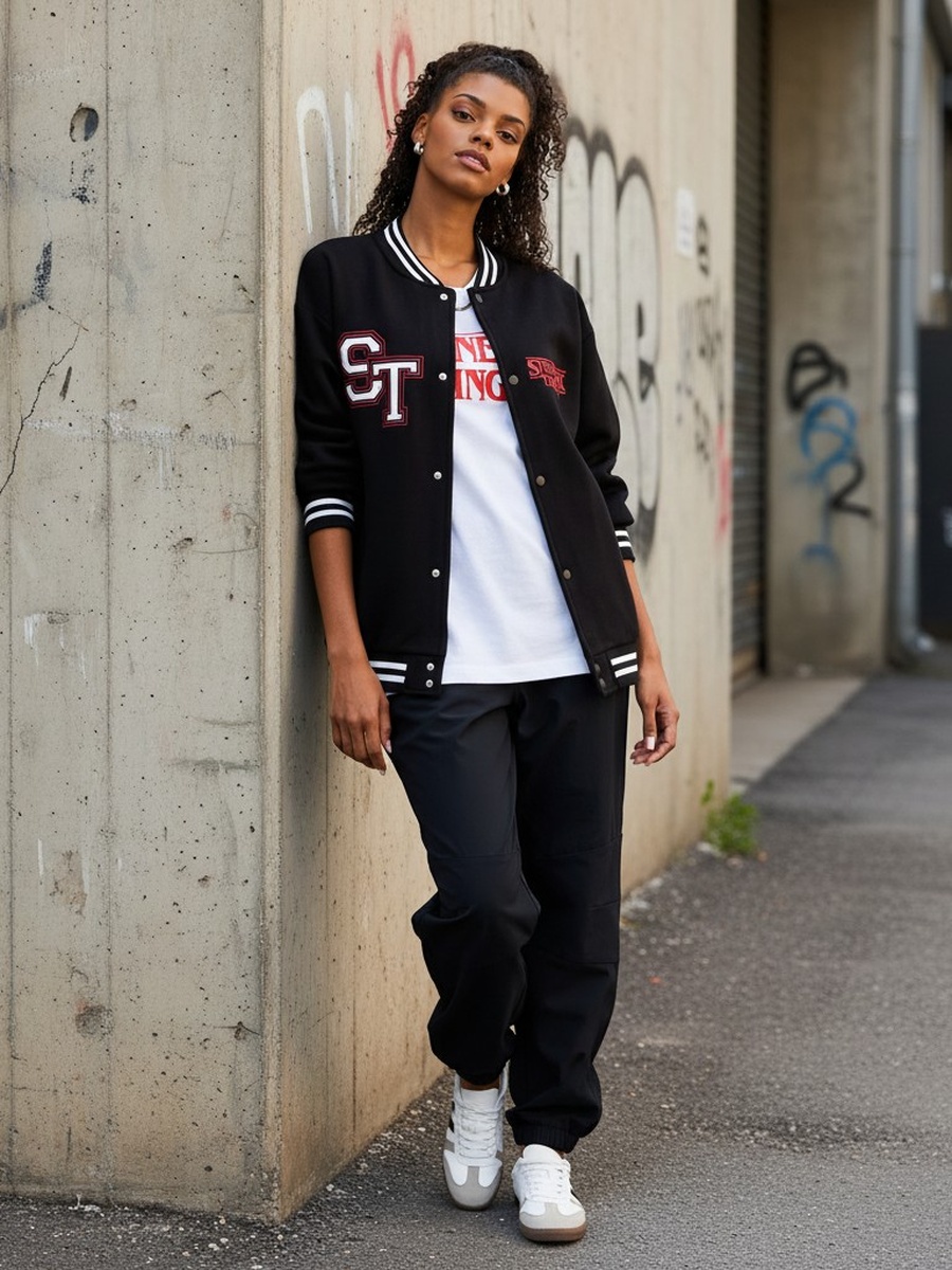 Stranger Things Print Oversized Bomber Jacket