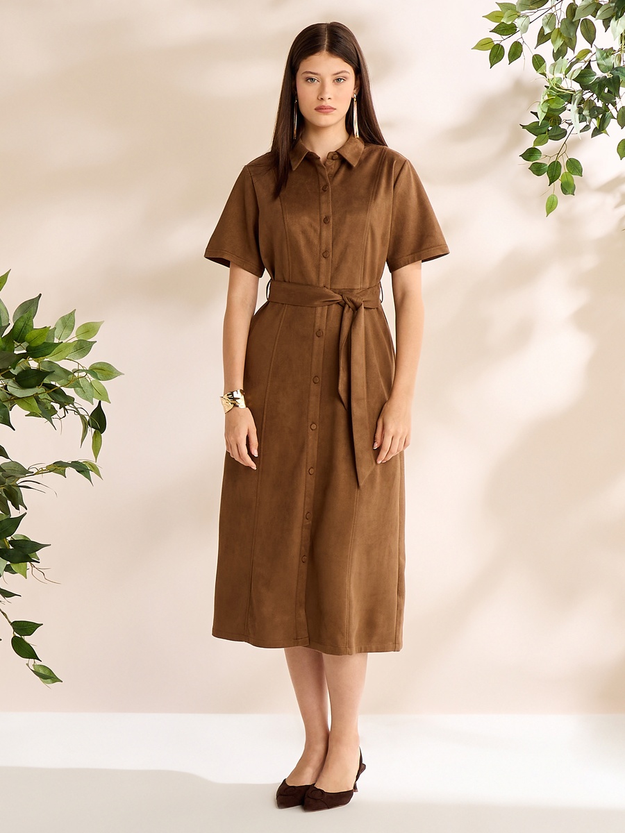 Plain Belted Suede Look Shirt Dress