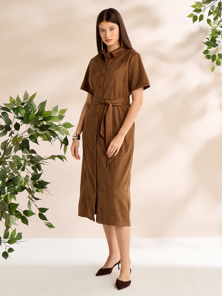 Plain Belted Suede Look Shirt Dress