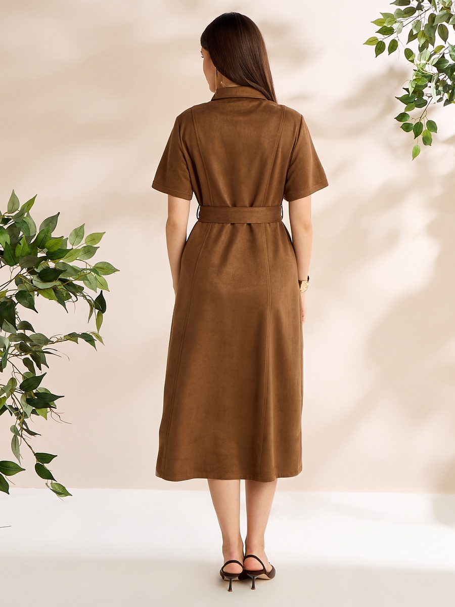 Plain Belted Suede Look Shirt Dress