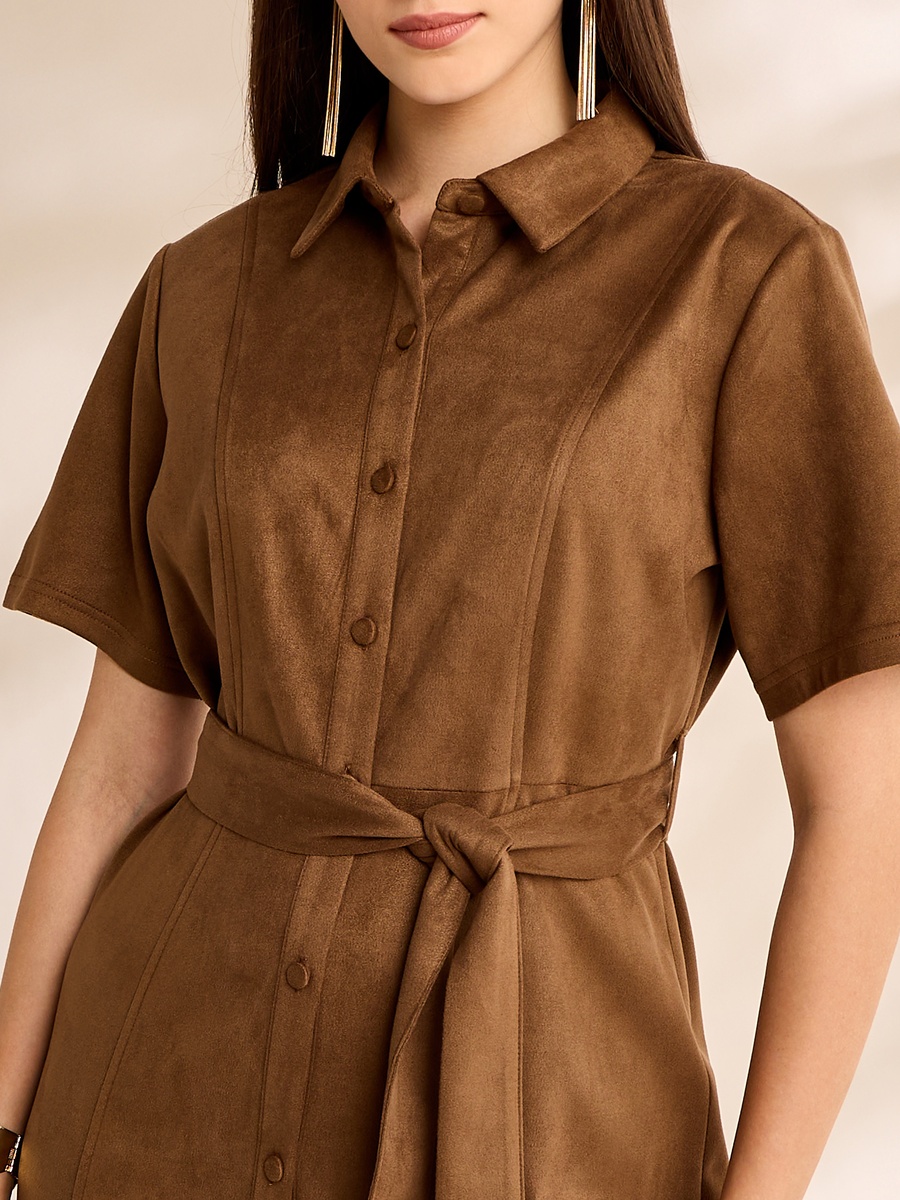 Plain Belted Suede Look Shirt Dress