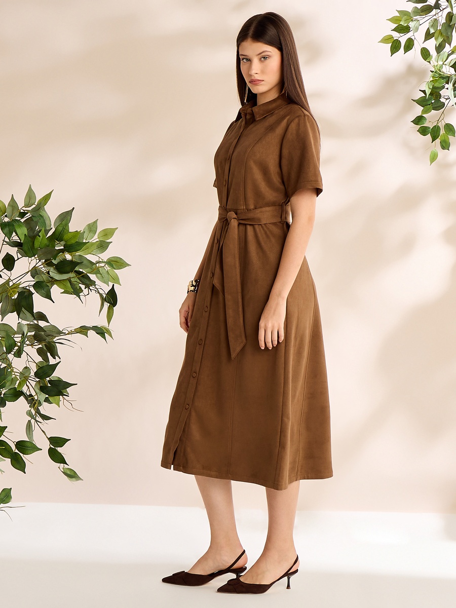 Plain Belted Suede Look Shirt Dress