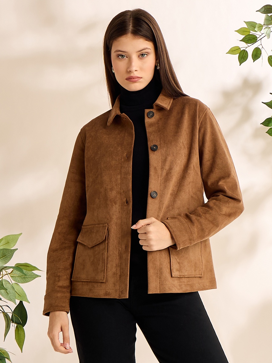 Plain Button Through Suede Jacket