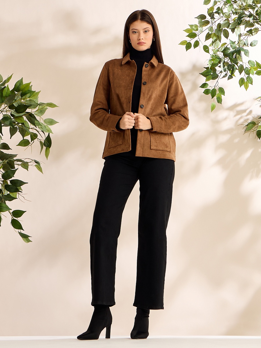 Plain Button Through Suede Jacket