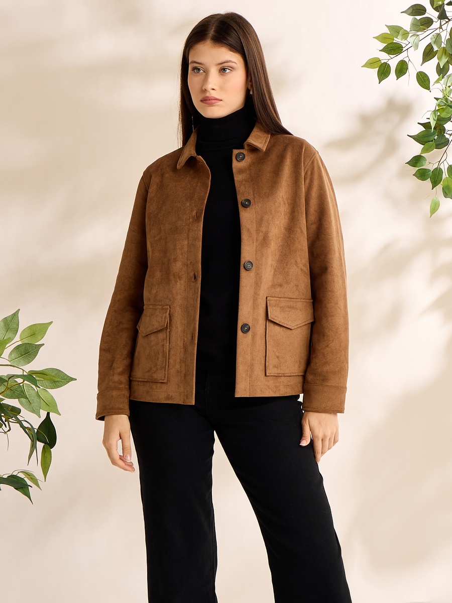 Plain Button Through Suede Jacket