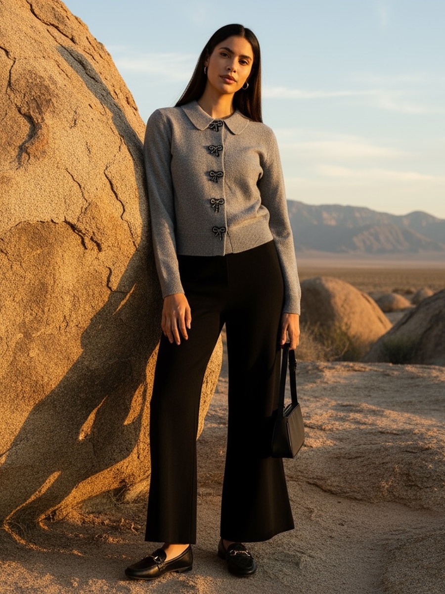 Bow Button Accent Collared Cardigan
