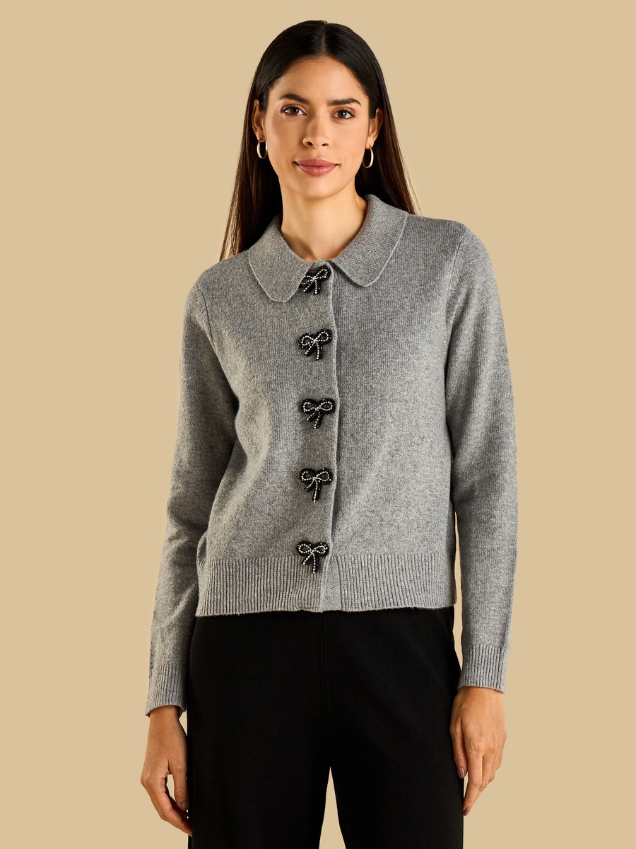 Bow Button Accent Collared Cardigan