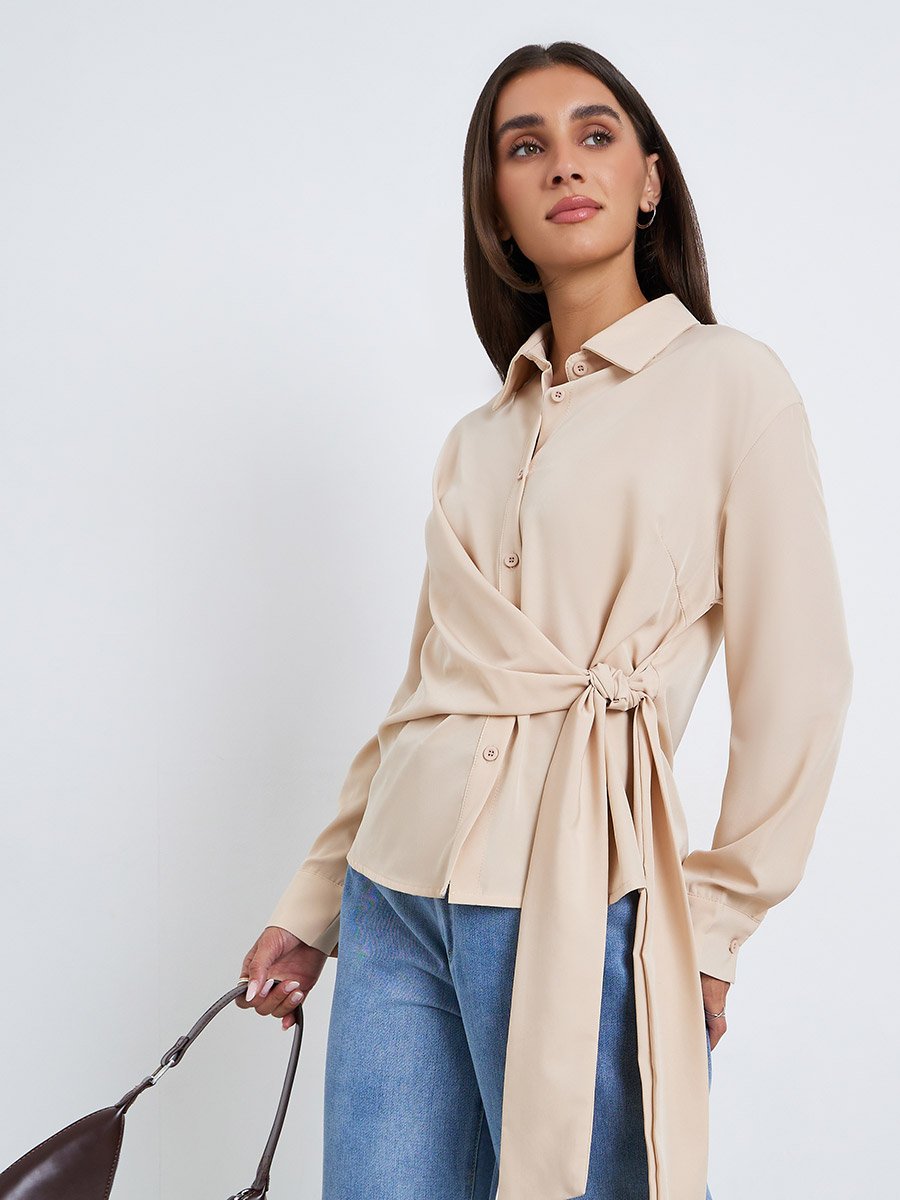 Women Beige Long Sleeve Wrap Shirt