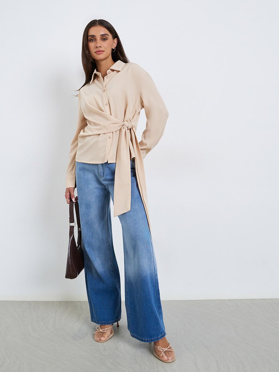 Women Beige Long Sleeve Wrap Shirt