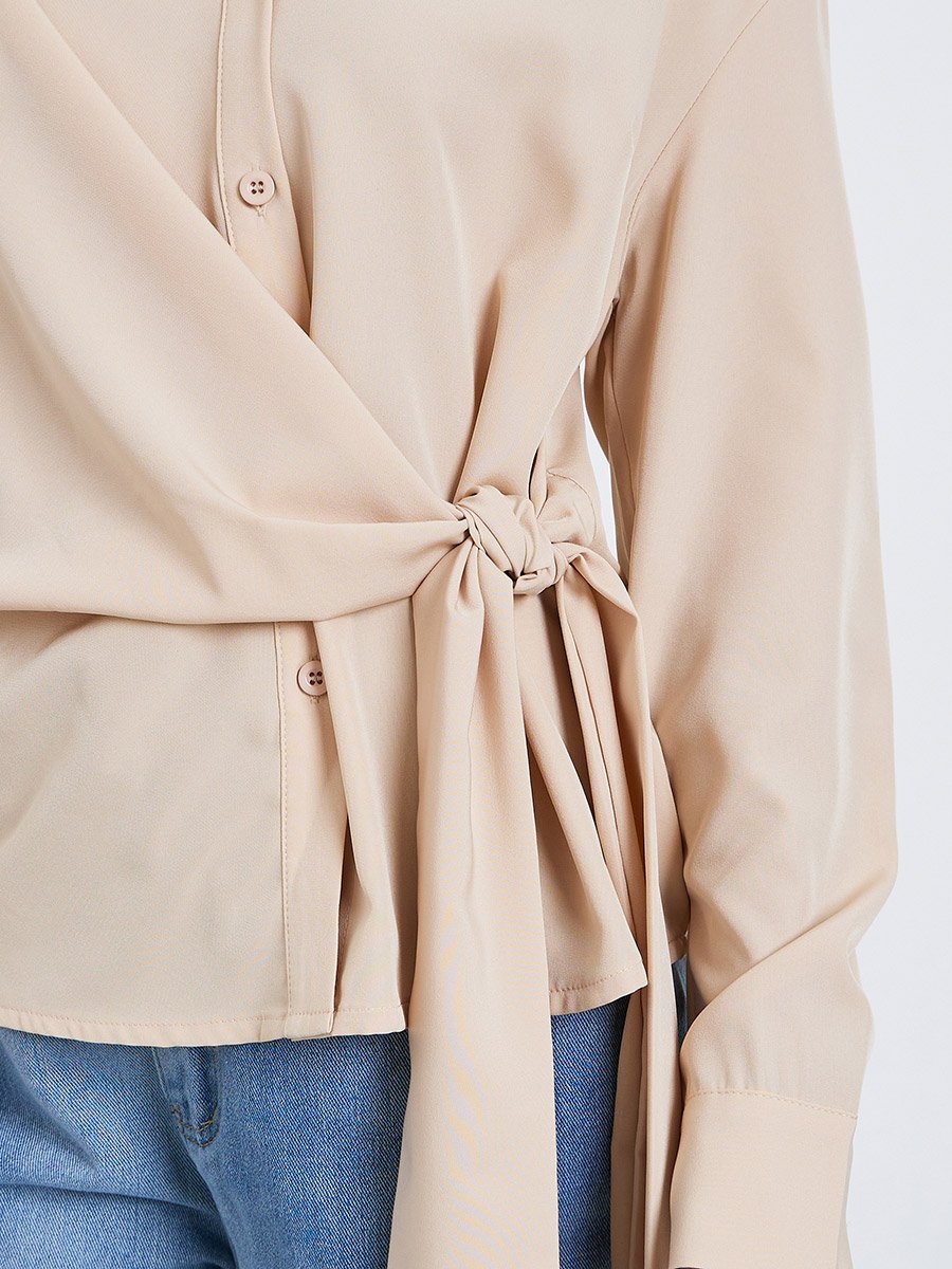 Women Beige Long Sleeve Wrap Shirt