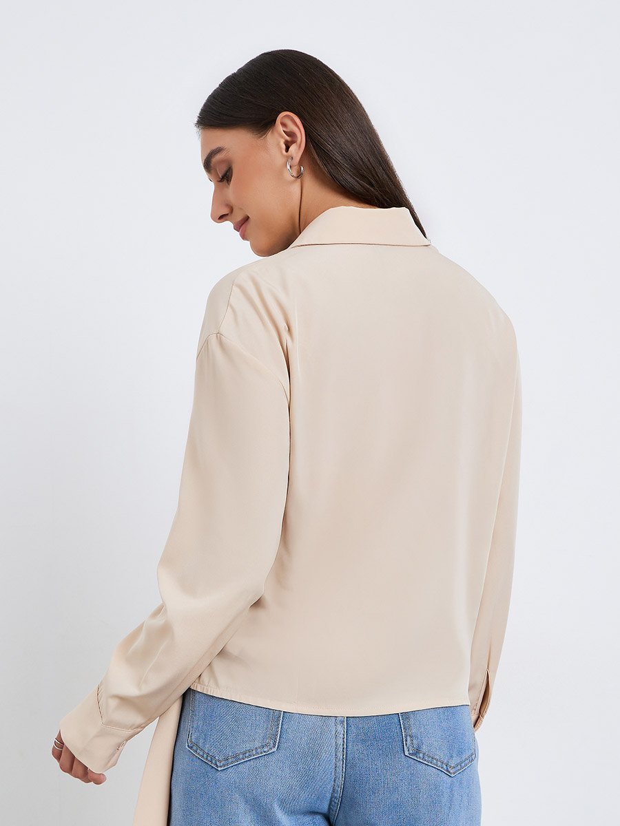 Women Beige Long Sleeve Wrap Shirt