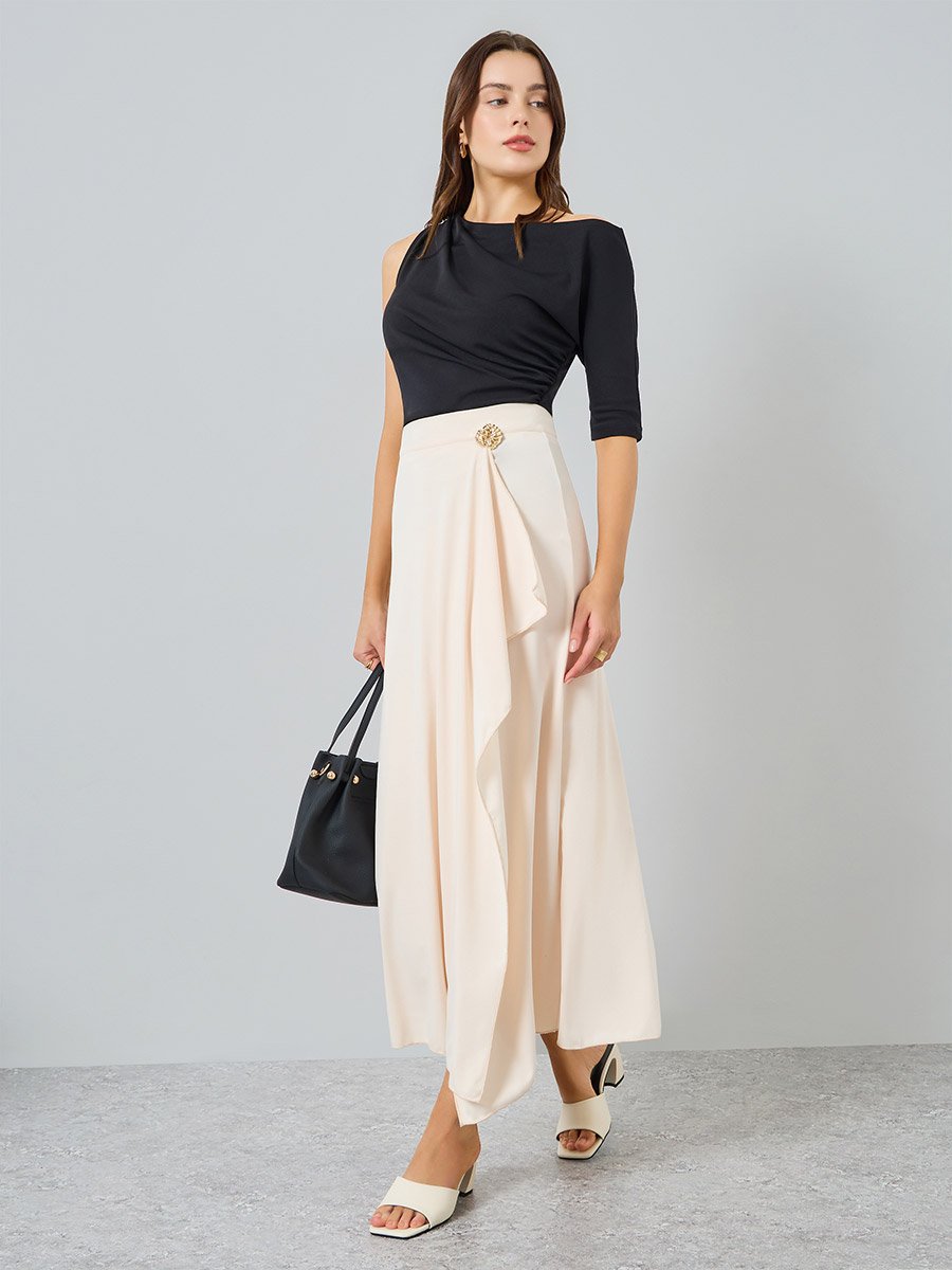 Women Beige Solid Wrap Midi Skirt with Metallic Accents