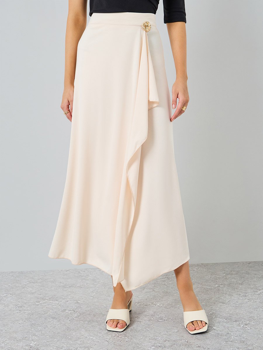 Women Beige Solid Wrap Midi Skirt with Metallic Accents