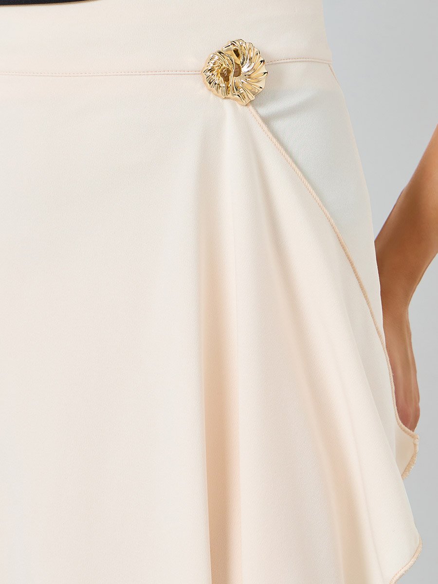 Women Beige Solid Wrap Midi Skirt with Metallic Accents