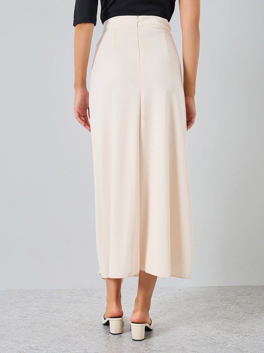 Women Beige Solid Wrap Midi Skirt with Metallic Accents