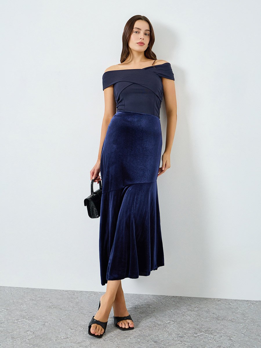 Dark Blue Velvet Look Asymmetric Midi Skirt