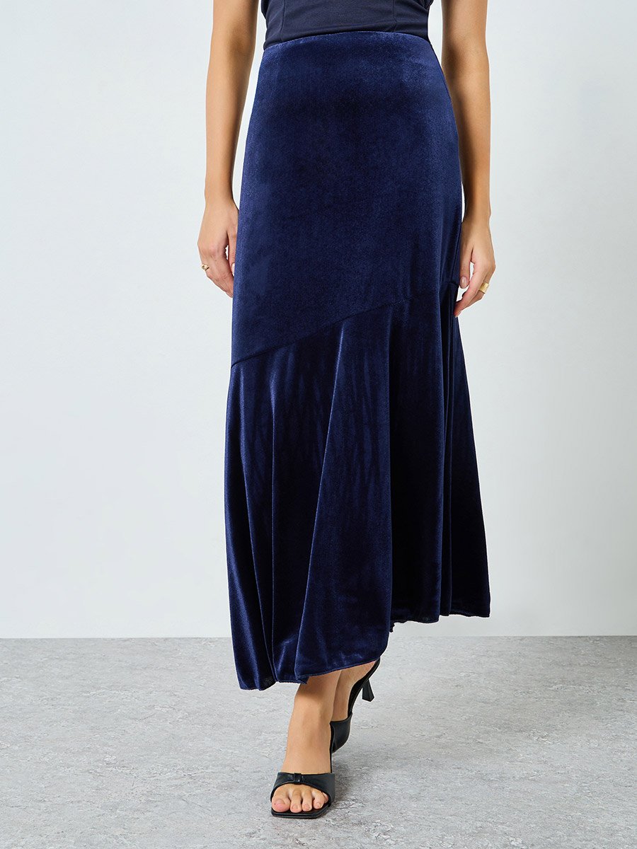 Dark Blue Velvet Look Asymmetric Midi Skirt