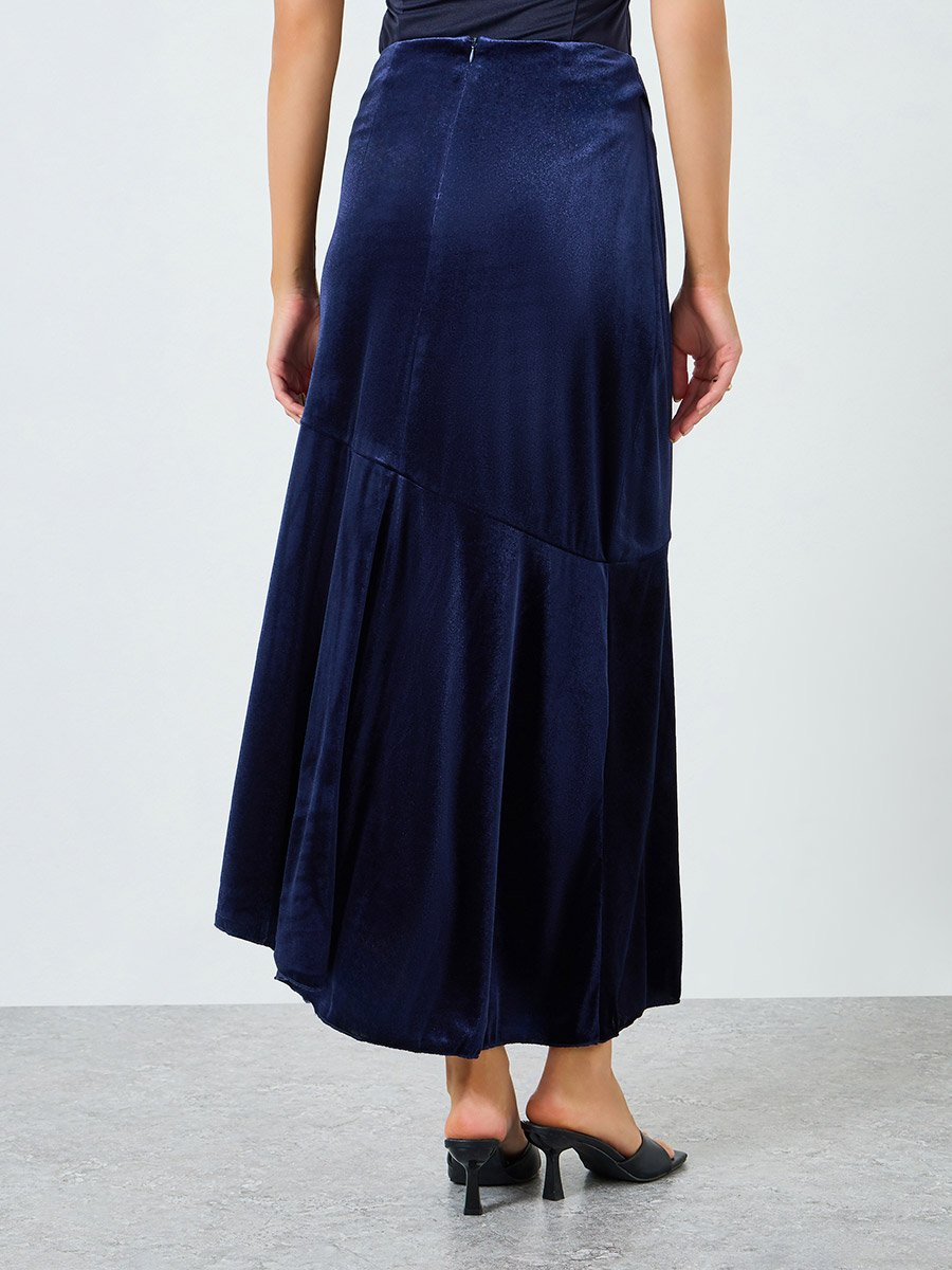 Dark Blue Velvet Look Asymmetric Midi Skirt