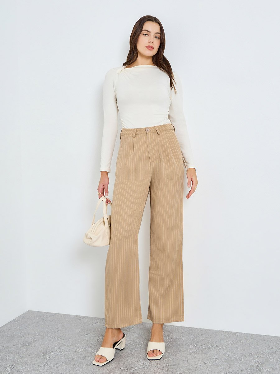 Women Khaki Pinstripe Wide Leg Trousers