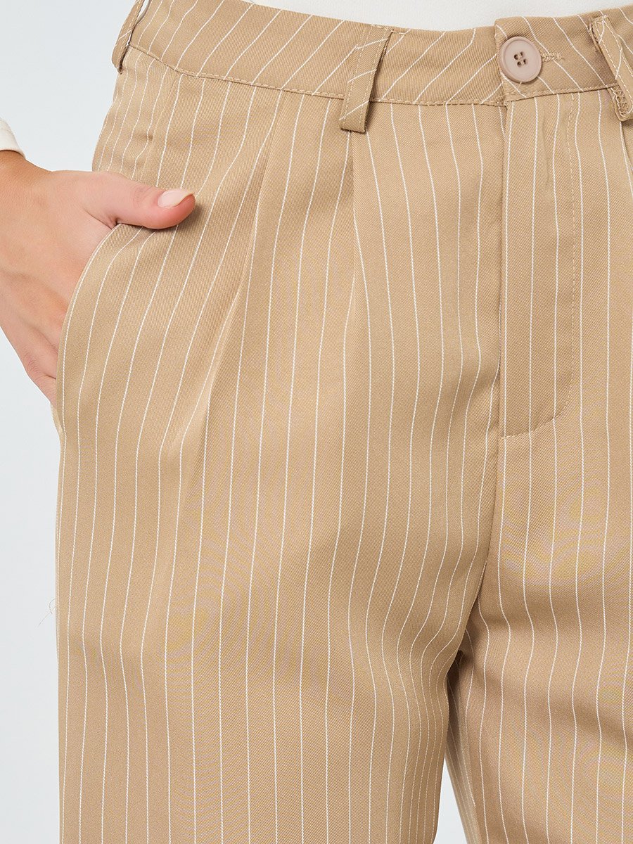 Women Khaki Pinstripe Wide Leg Trousers