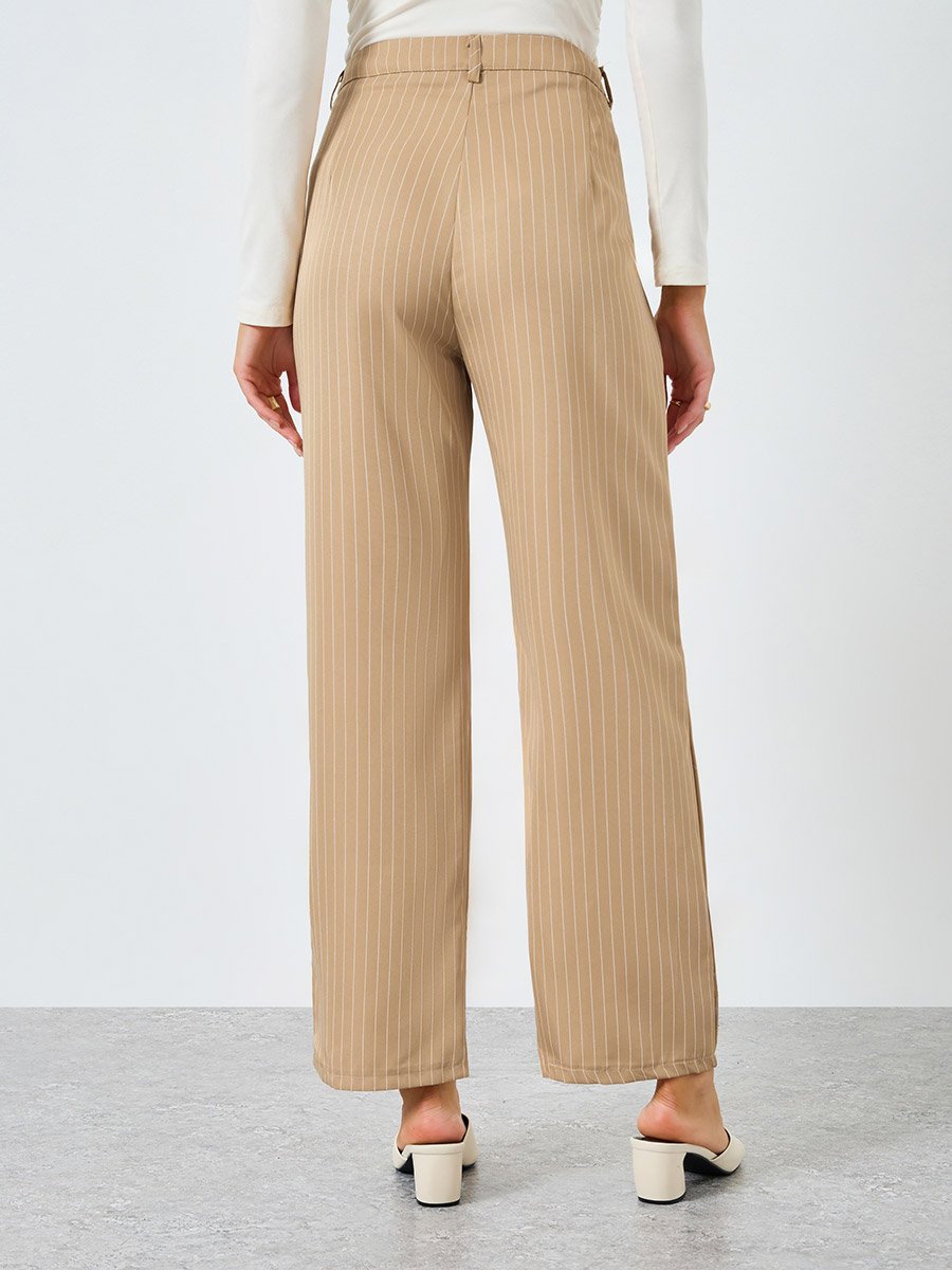 Women Khaki Pinstripe Wide Leg Trousers