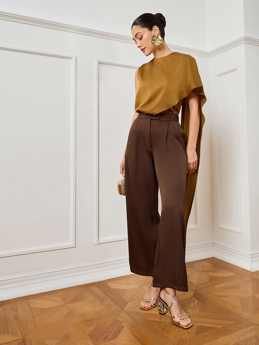 Women Mustard Asymmetric Scarf Detail Satin Top