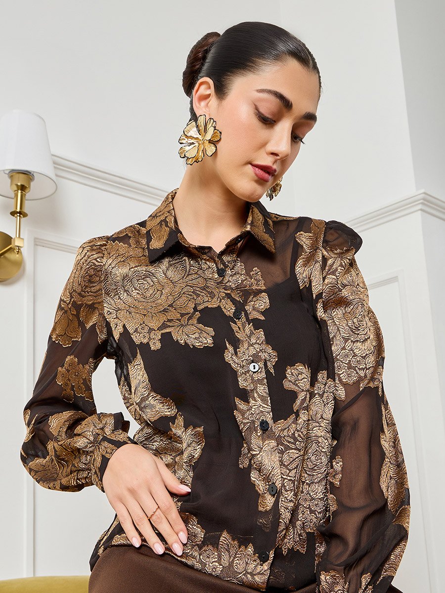 Women Black Floral Jacquard Long Sleeve Shirt