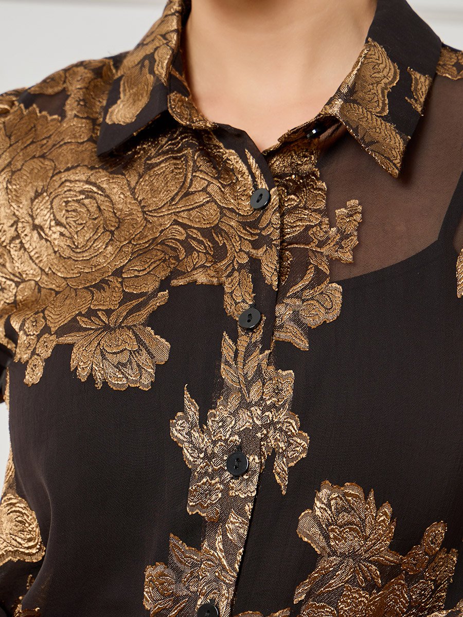 Women Black Floral Jacquard Long Sleeve Shirt