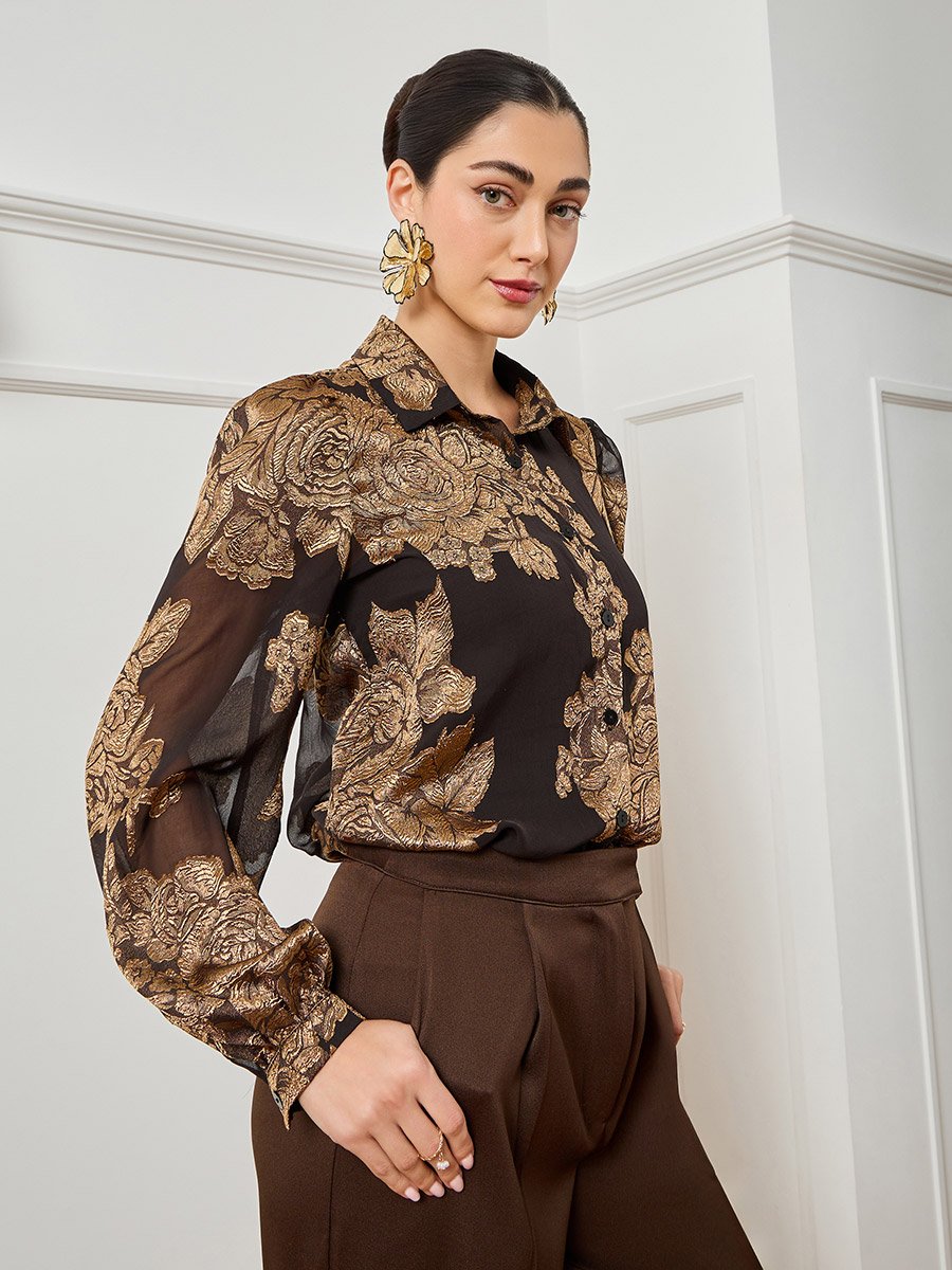 Women Black Floral Jacquard Long Sleeve Shirt