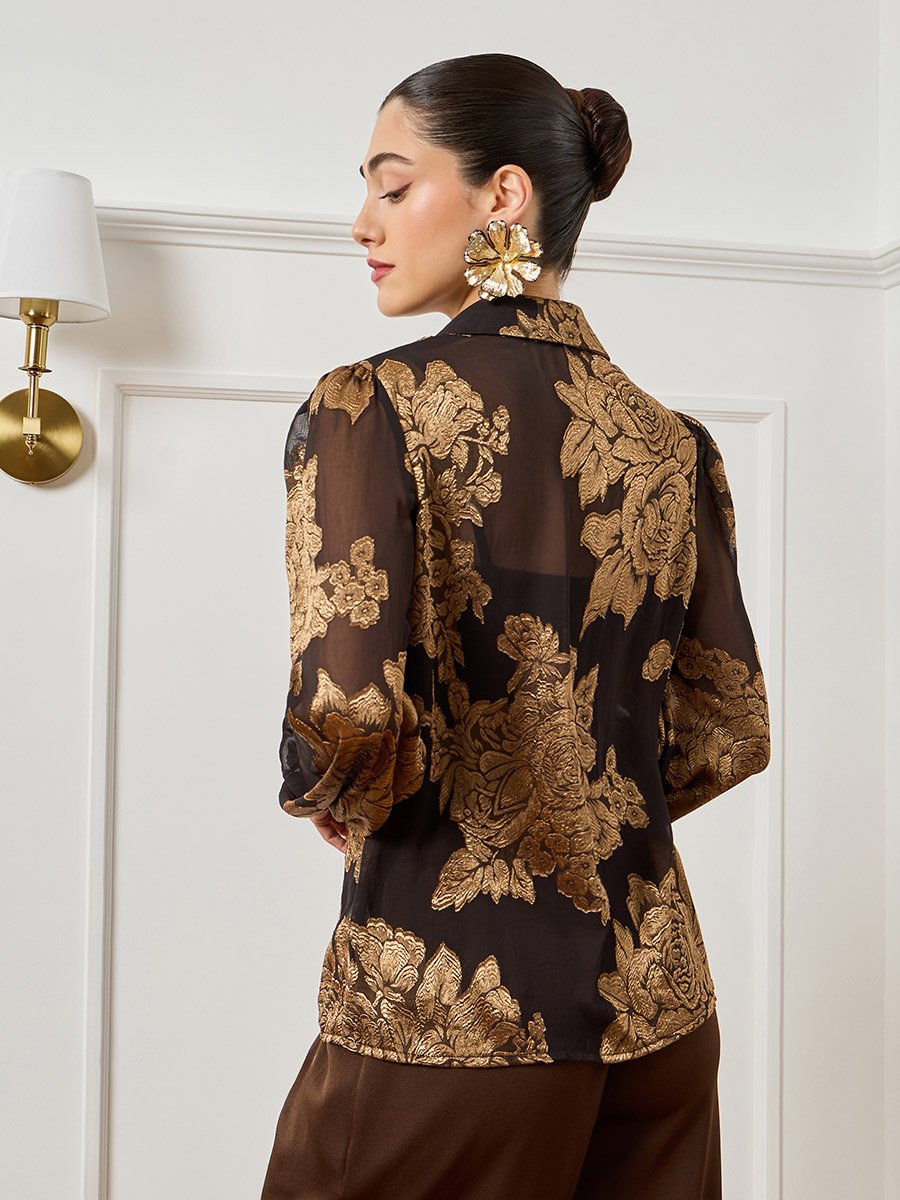 Women Black Floral Jacquard Long Sleeve Shirt