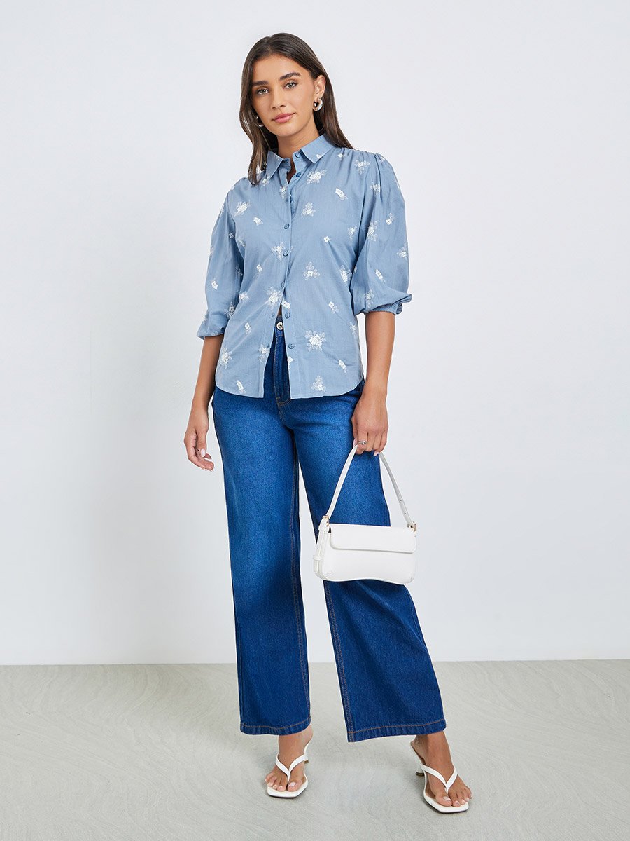 Blue Embroidered Puff Sleeve Shirt