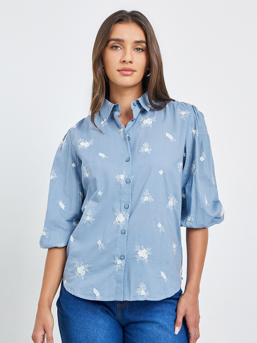 Blue Embroidered Puff Sleeve Shirt