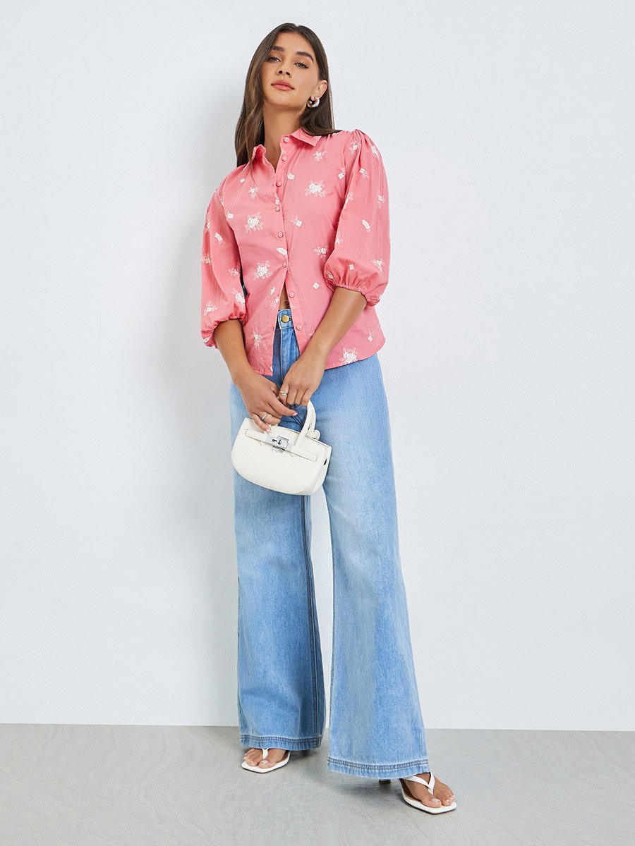 Pink Embroidered Puff Sleeve Shirt
