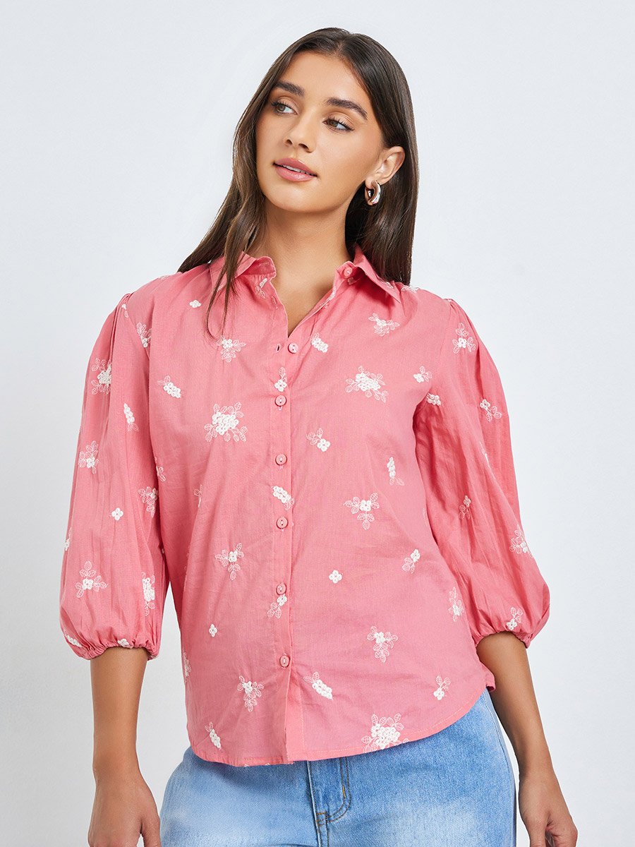 Pink Embroidered Puff Sleeve Shirt