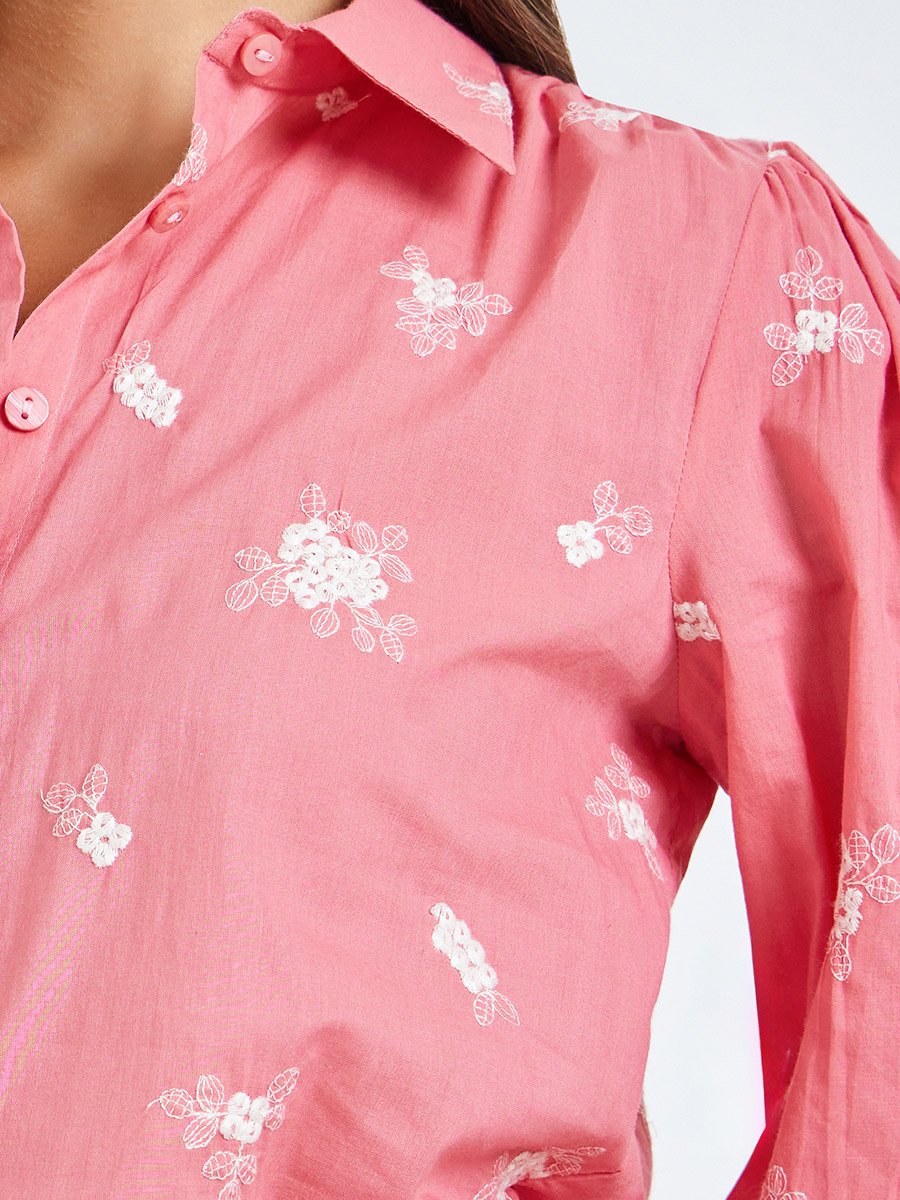 Pink Embroidered Puff Sleeve Shirt