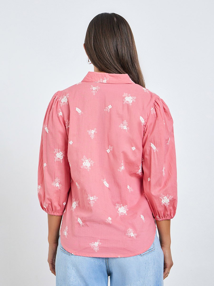 Pink Embroidered Puff Sleeve Shirt