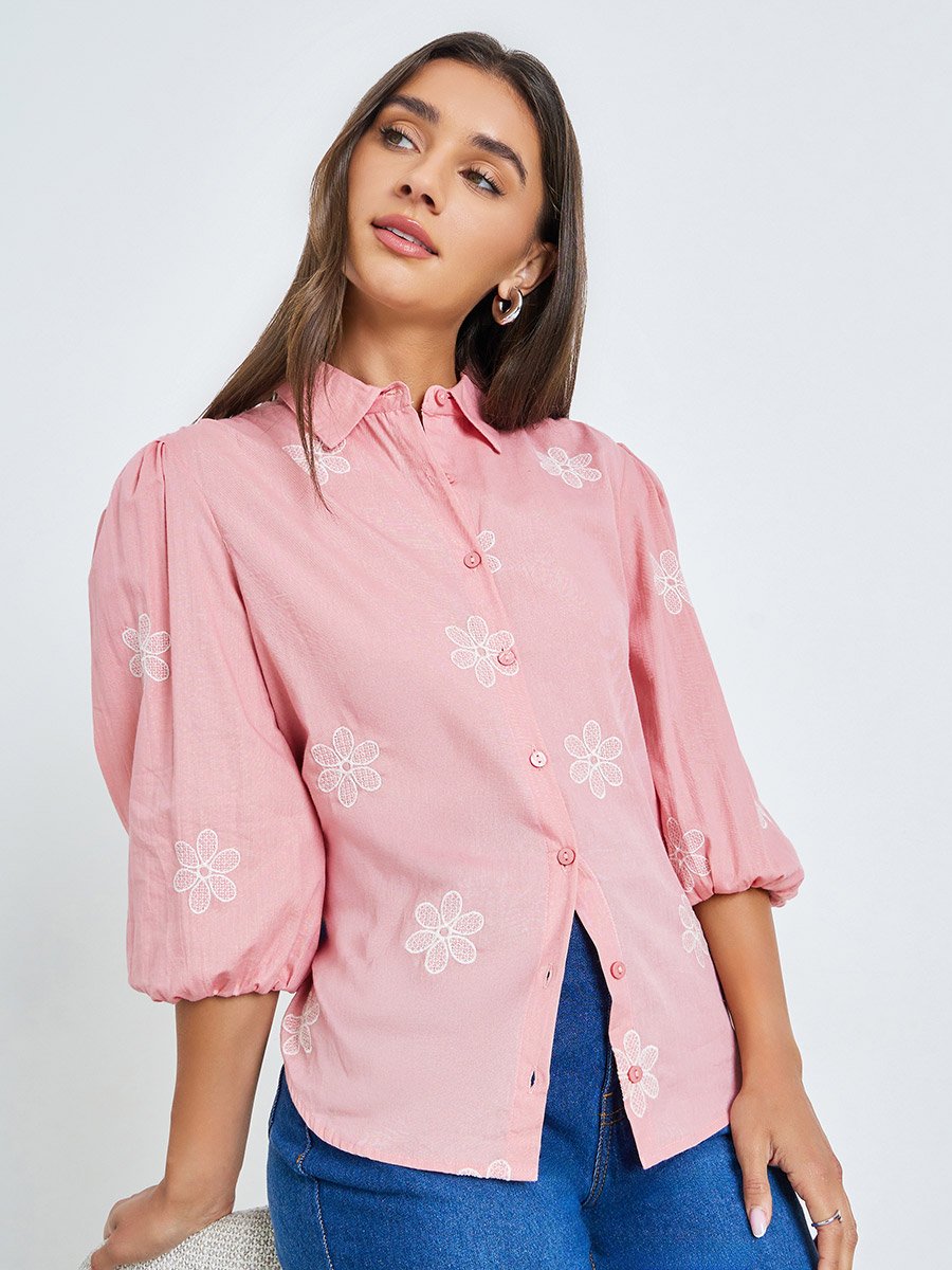 Pink Embroidered Puff Sleeve Shirt