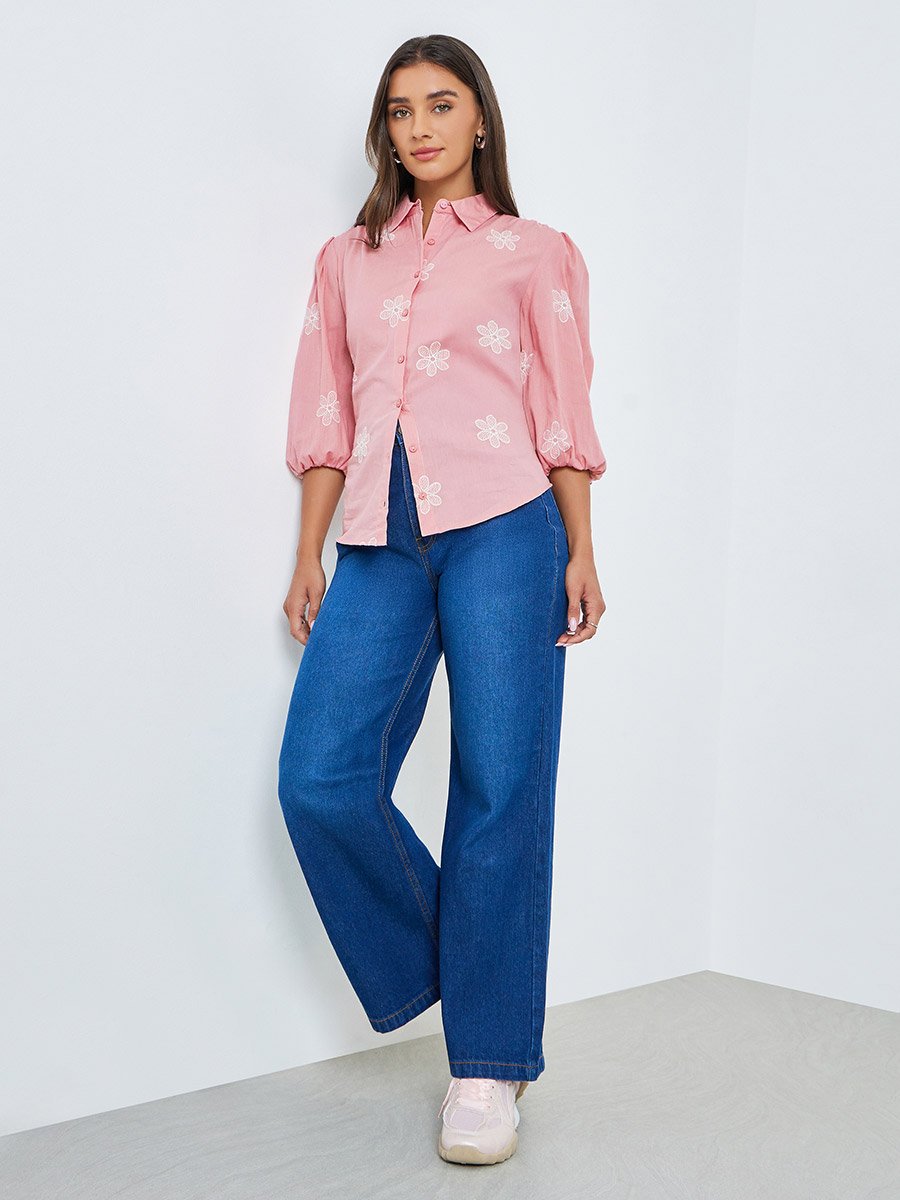 Pink Embroidered Puff Sleeve Shirt