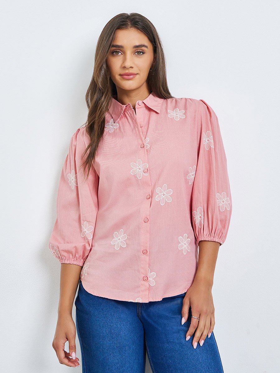 Pink Embroidered Puff Sleeve Shirt
