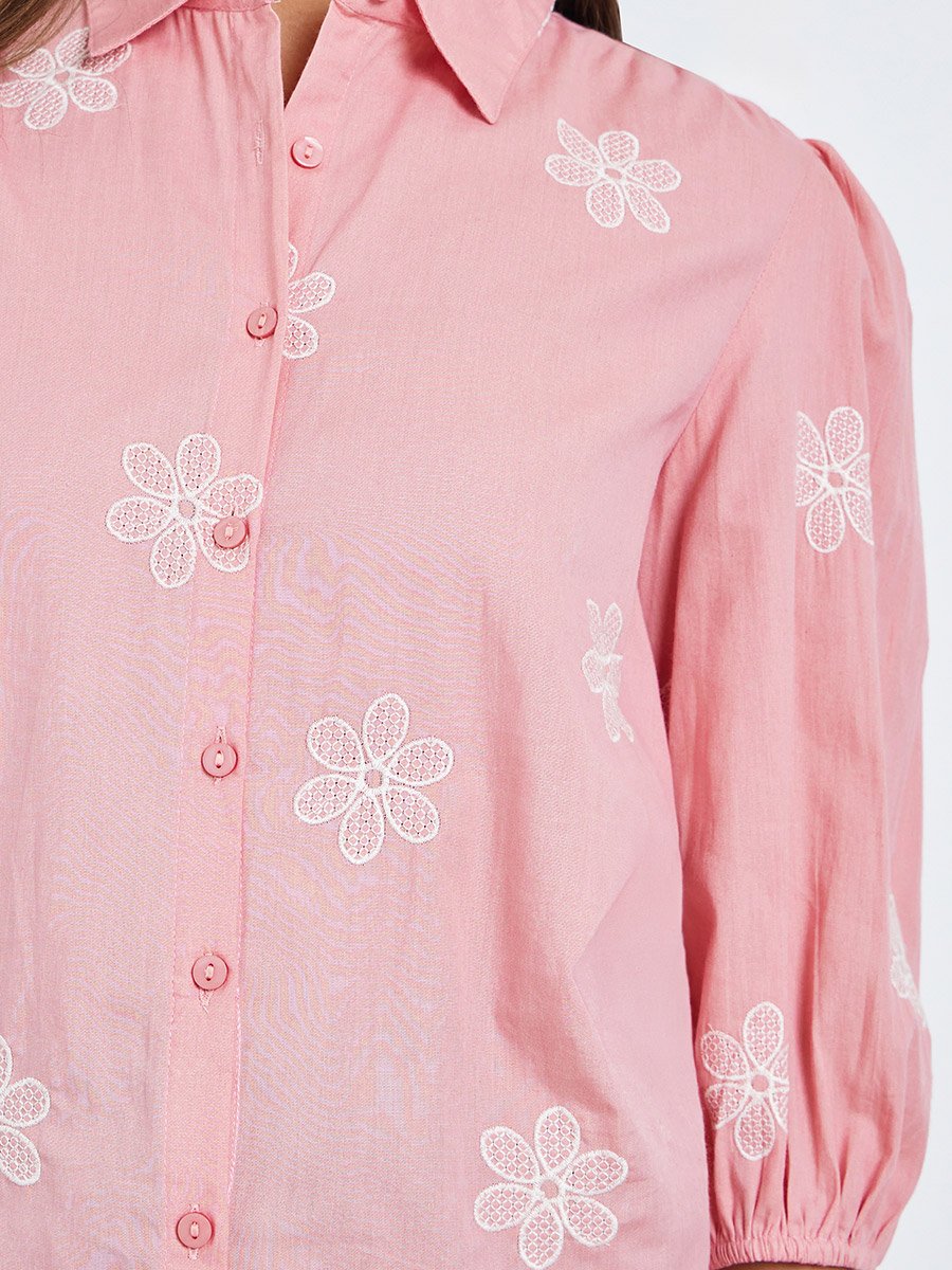 Pink Embroidered Puff Sleeve Shirt